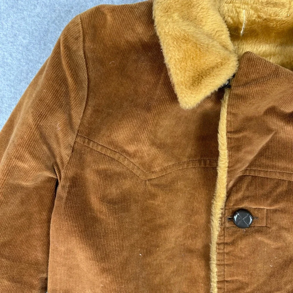 Vtg 70s Large Corduroy Ranch Jacket Brown Faux Shearling Lined Western Yoke Coat
